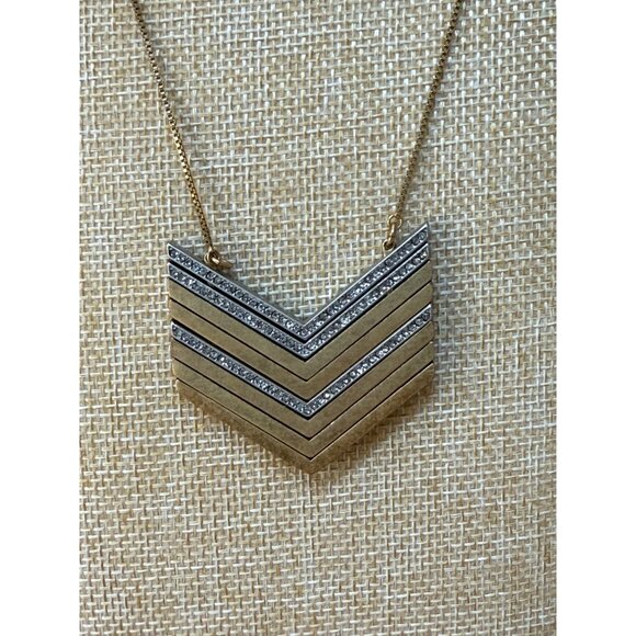 Madewell Chevron Pendant Long Necklace Gold & Silver-Tone Mixed Metal With Rhine - Picture 9 of 12